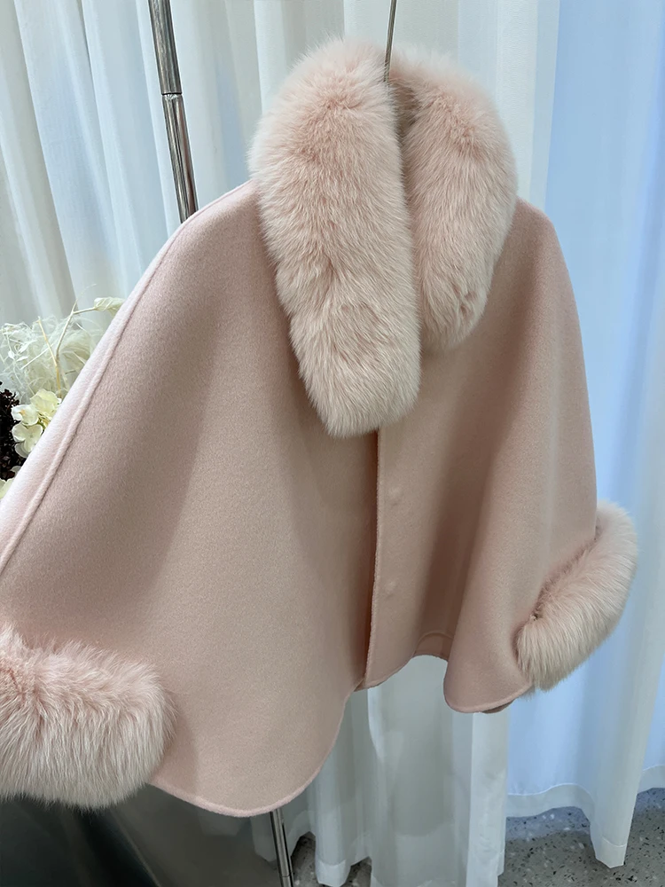 Fashion Winter Lady Real Natural Fox Fur Collar Jacket Wool Cloak Cashmere Warm Coat Detachable Collar Luxury Thick Female Coat