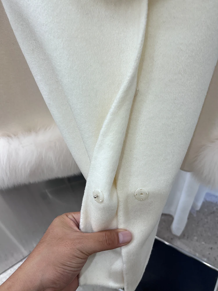 Fashion Winter Lady Real Natural Fox Fur Collar Jacket Wool Cloak Cashmere Warm Coat Detachable Collar Luxury Thick Female Coat