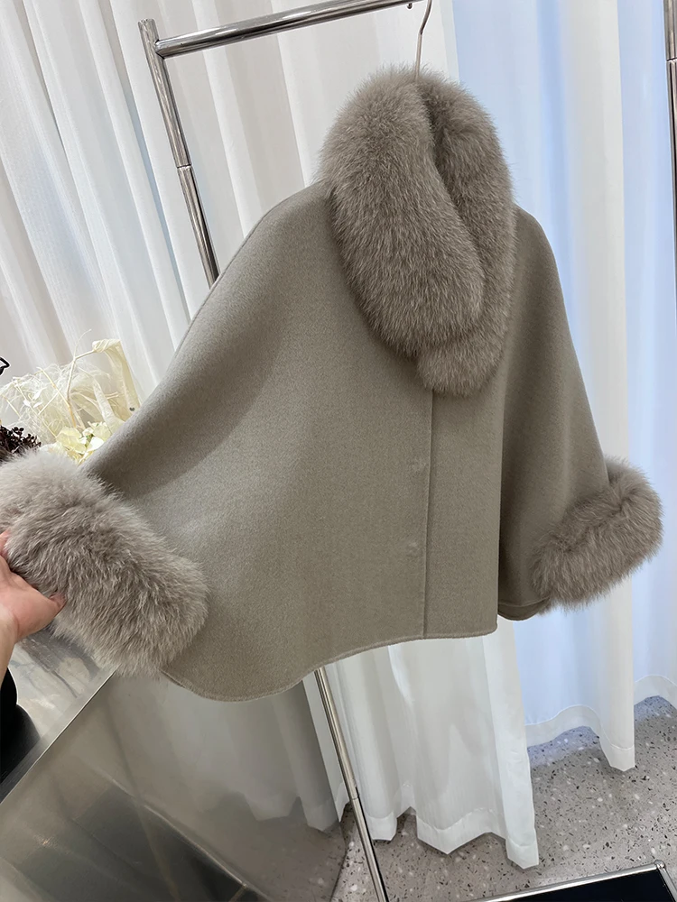 Fashion Winter Lady Real Natural Fox Fur Collar Jacket Wool Cloak Cashmere Warm Coat Detachable Collar Luxury Thick Female Coat