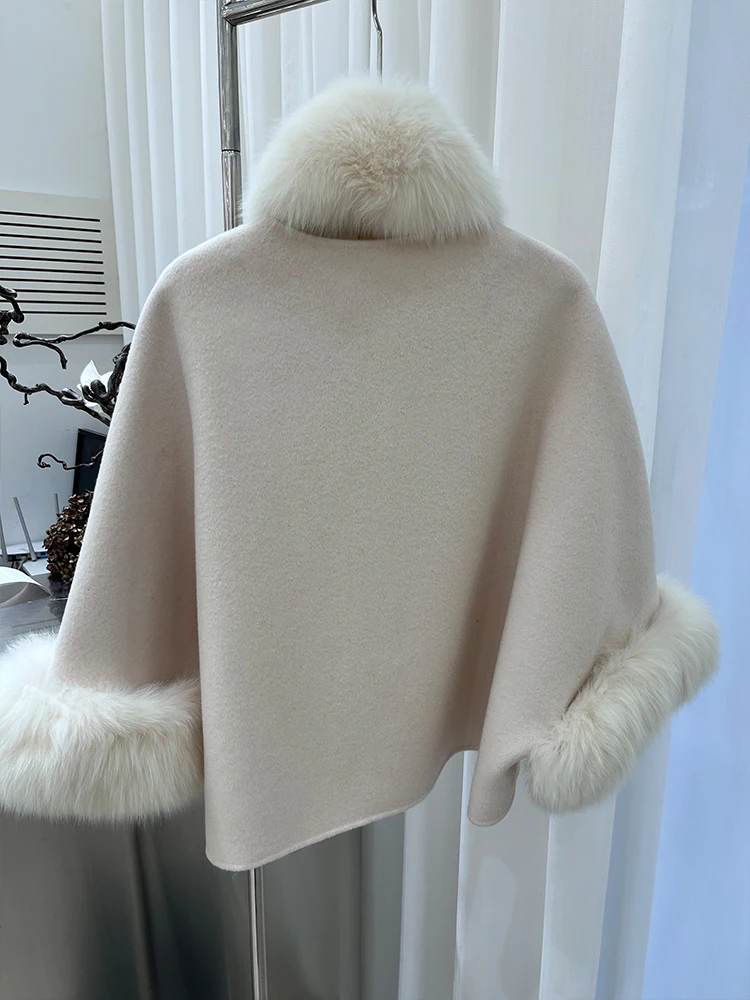 Fashion Winter Lady Real Natural Fox Fur Collar Jacket Wool Cloak Cashmere Warm Coat Detachable Collar Luxury Thick Female Coat