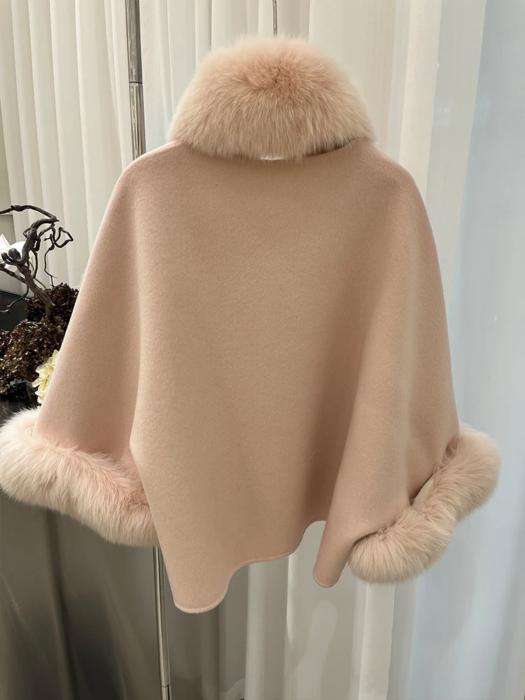Fashion Winter Lady Real Natural Fox Fur Collar Jacket Wool Cloak Cashmere Warm Coat Detachable Collar Luxury Thick Female Coat