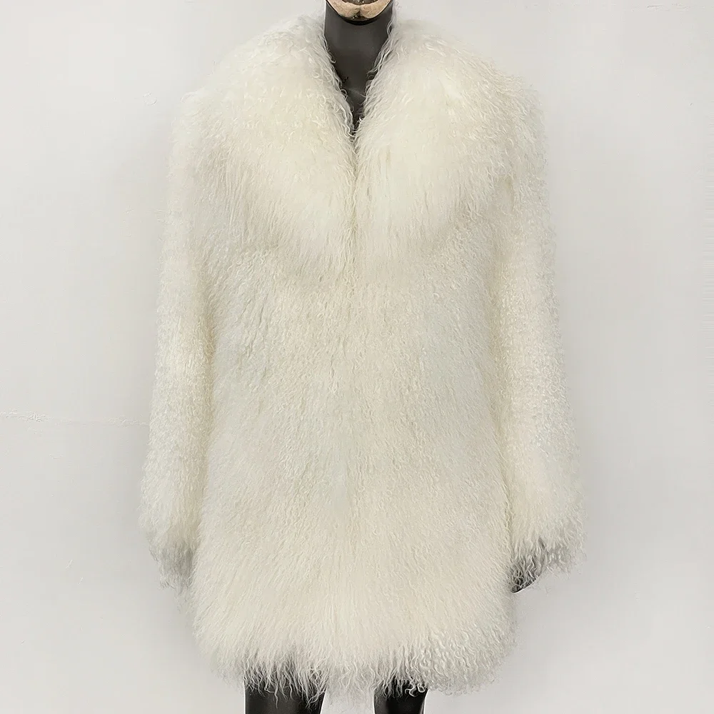 OFTBUY Fashion Warm Mongolian Fur Jacket New Autumn Winter Clothes Women Mid-length Natural Fur Coat Black Real Fur Overcoat