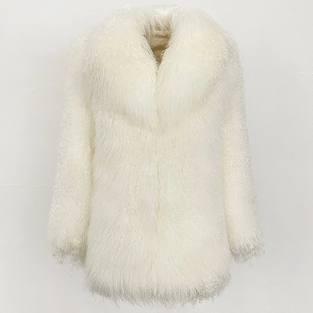 OFTBUY Fashion Warm Mongolian Fur Jacket New Autumn Winter Clothes Women Mid-length Natural Fur Coat Black Real Fur Overcoat