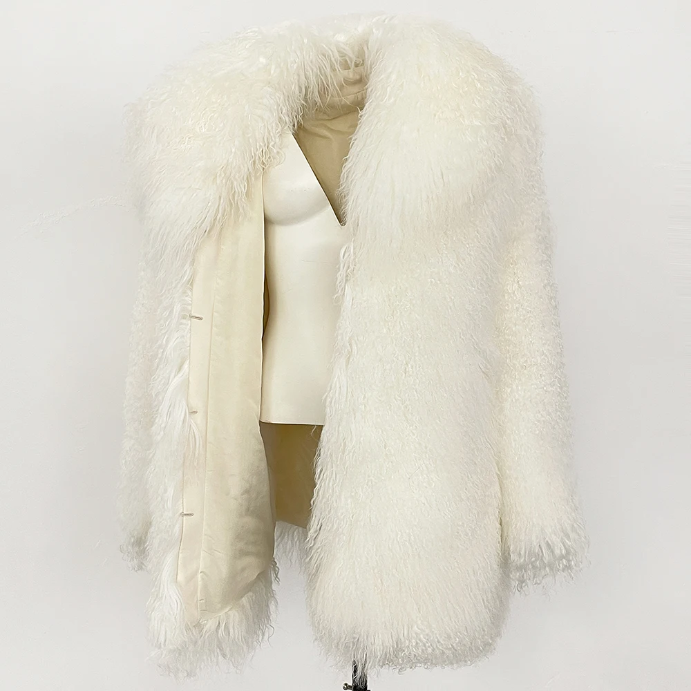 OFTBUY Fashion Warm Mongolian Fur Jacket New Autumn Winter Clothes Women Mid-length Natural Fur Coat Black Real Fur Overcoat
