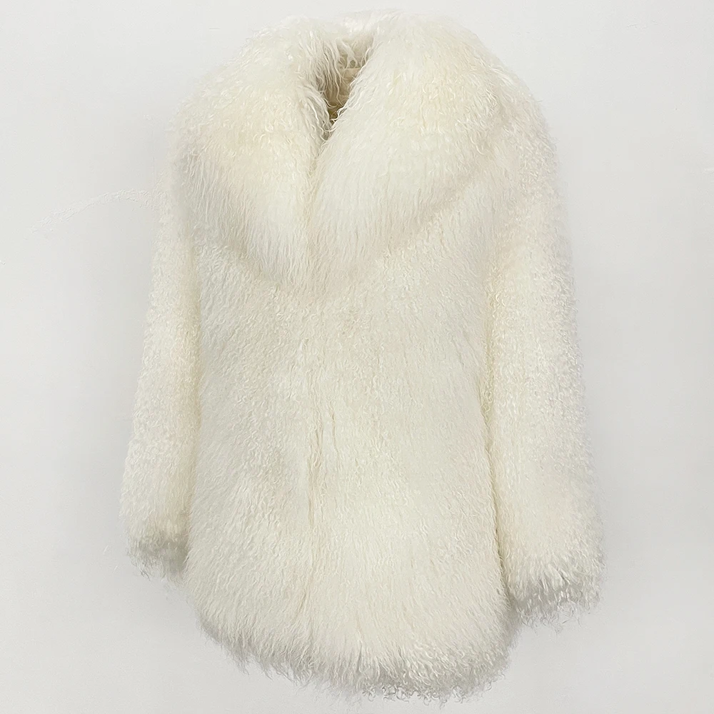 OFTBUY Fashion Warm Mongolian Fur Jacket New Autumn Winter Clothes Women Mid-length Natural Fur Coat Black Real Fur Overcoat