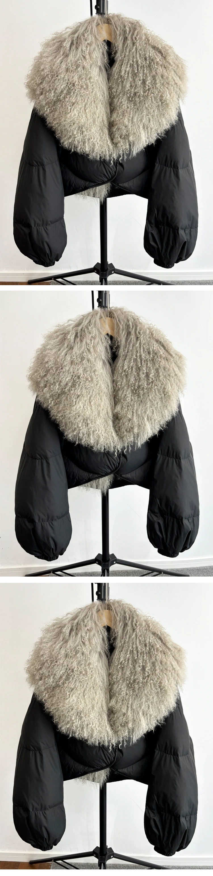 2024 Luxury Winter Natural Big Mongolian Sheep Fur Coat Women Short Feather Puffer Parka 90% White Duck Down Waterproof Jacket