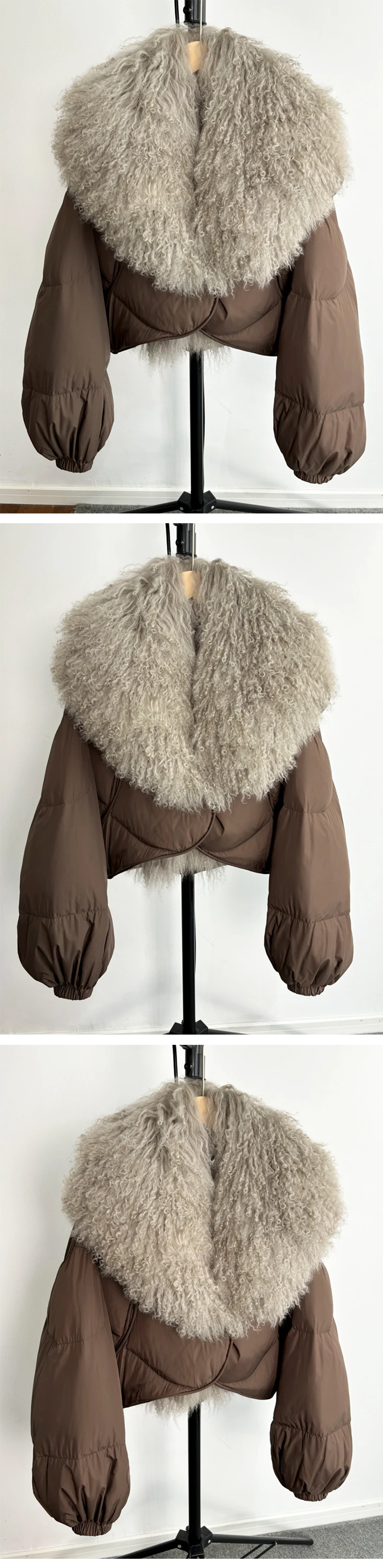 2024 Luxury Winter Natural Big Mongolian Sheep Fur Coat Women Short Feather Puffer Parka 90% White Duck Down Waterproof Jacket