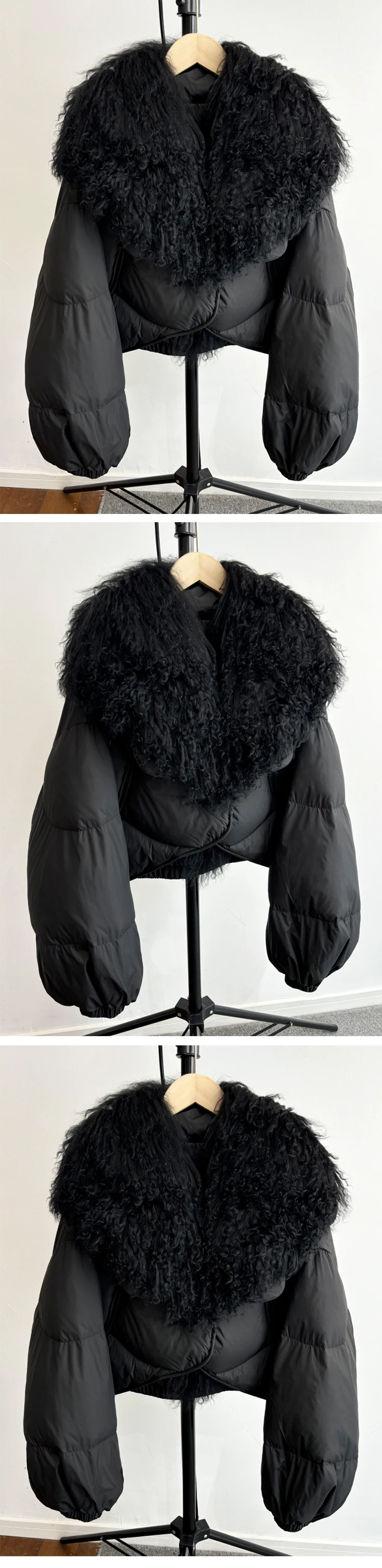 2024 Luxury Winter Natural Big Mongolian Sheep Fur Coat Women Short Feather Puffer Parka 90% White Duck Down Waterproof Jacket