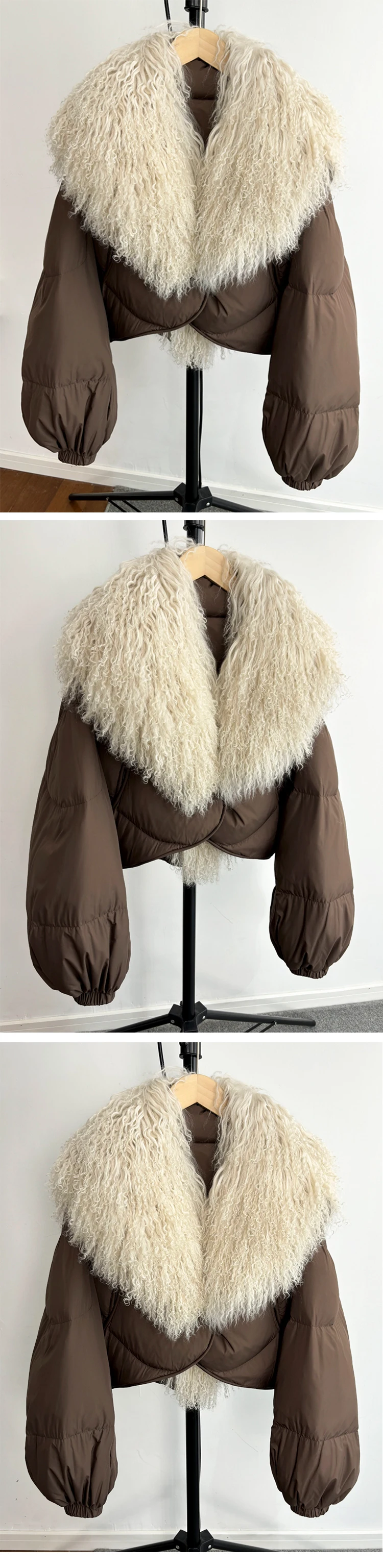 2024 Luxury Winter Natural Big Mongolian Sheep Fur Coat Women Short Feather Puffer Parka 90% White Duck Down Waterproof Jacket