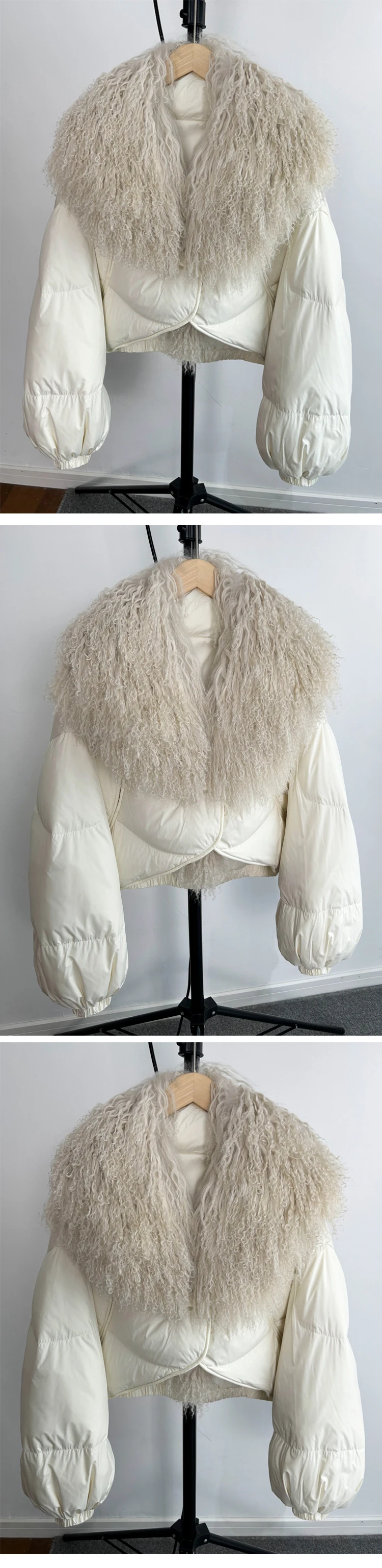 2024 Luxury Winter Natural Big Mongolian Sheep Fur Coat Women Short Feather Puffer Parka 90% White Duck Down Waterproof Jacket