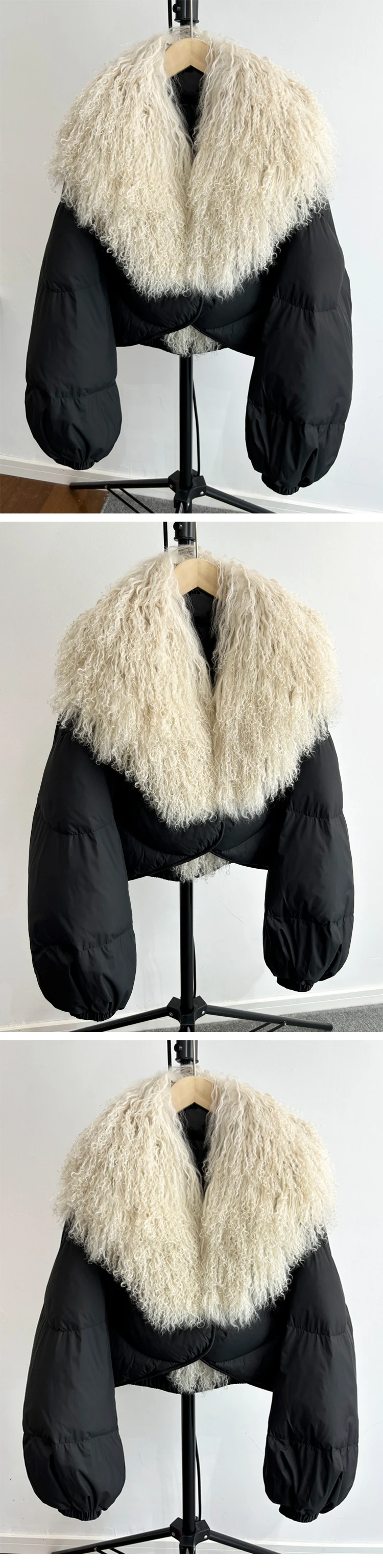 2024 Luxury Winter Natural Big Mongolian Sheep Fur Coat Women Short Feather Puffer Parka 90% White Duck Down Waterproof Jacket