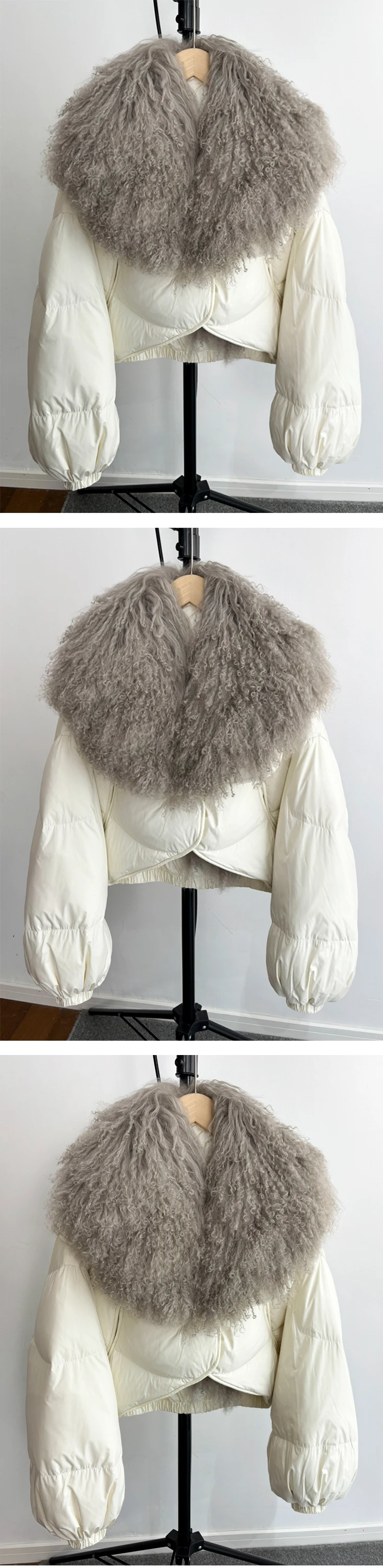 2024 Luxury Winter Natural Big Mongolian Sheep Fur Coat Women Short Feather Puffer Parka 90% White Duck Down Waterproof Jacket