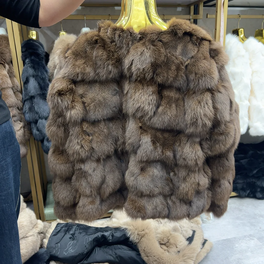 HUA QIU MEI SI Women's Natural Fox Fur Jacket with Fox Collar for Winter Warmth, Short Style Real Fox Fur Leather Jacket