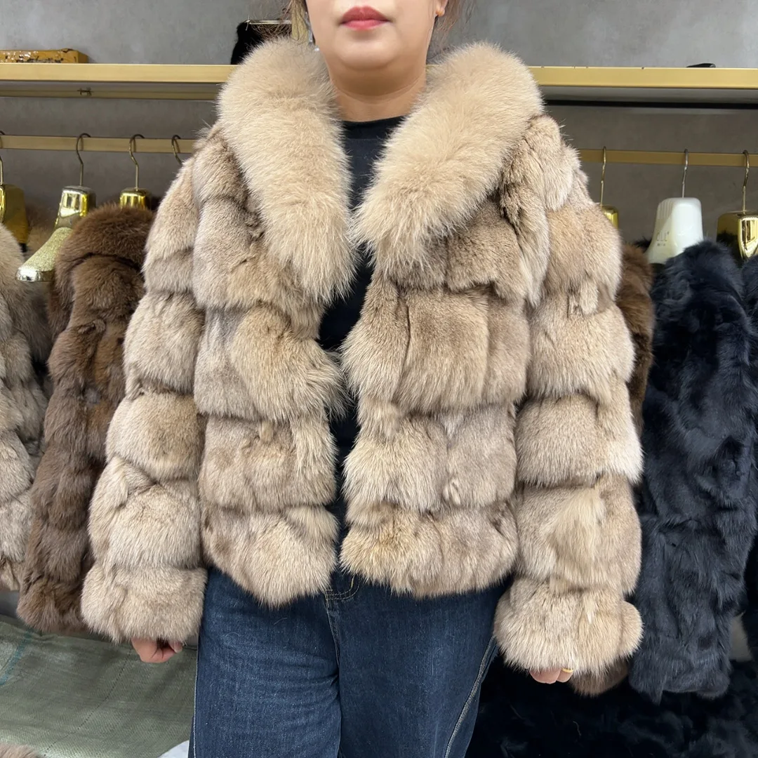 HUA QIU MEI SI Women's Natural Fox Fur Jacket with Fox Collar for Winter Warmth, Short Style Real Fox Fur Leather Jacket