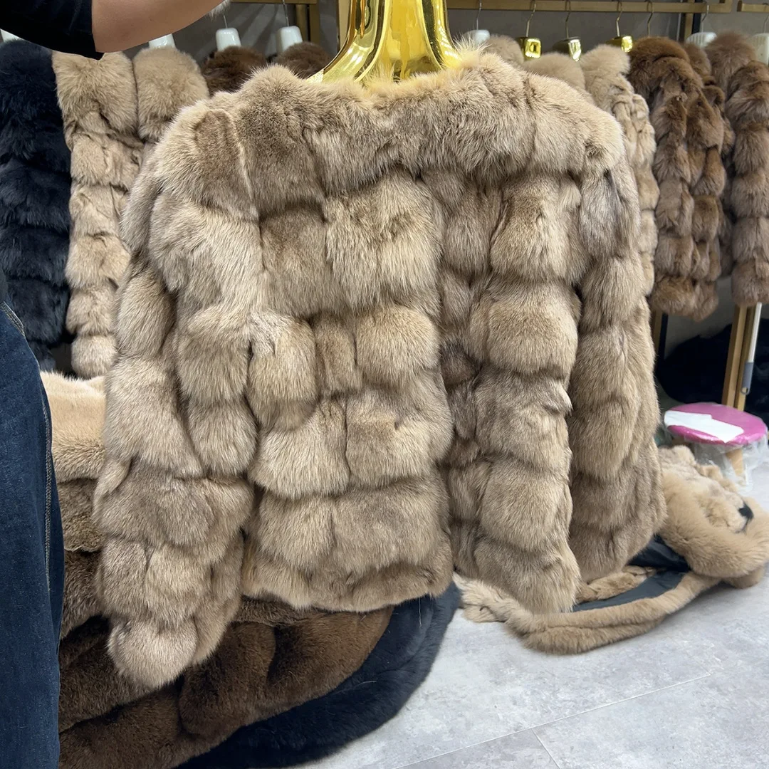 HUA QIU MEI SI Women's Natural Fox Fur Jacket with Fox Collar for Winter Warmth, Short Style Real Fox Fur Leather Jacket