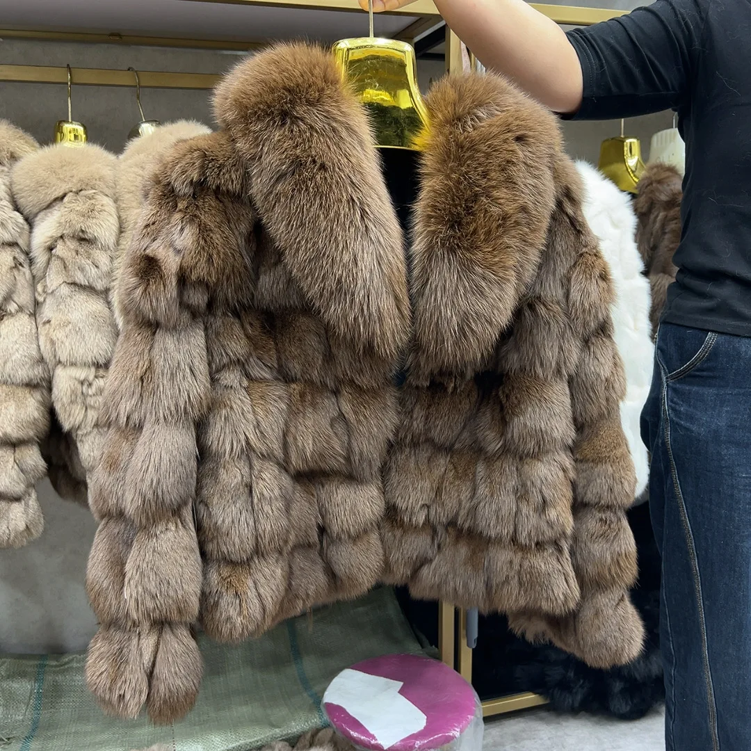 HUA QIU MEI SI Women's Natural Fox Fur Jacket with Fox Collar for Winter Warmth, Short Style Real Fox Fur Leather Jacket