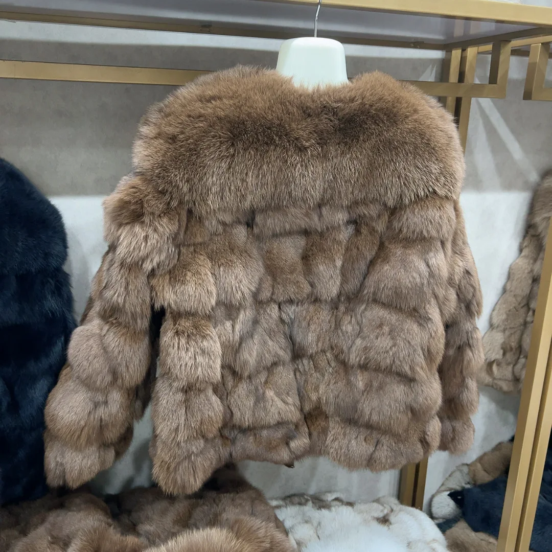 HUA QIU MEI SI Women's Natural Fox Fur Jacket with Fox Collar for Winter Warmth, Short Style Real Fox Fur Leather Jacket