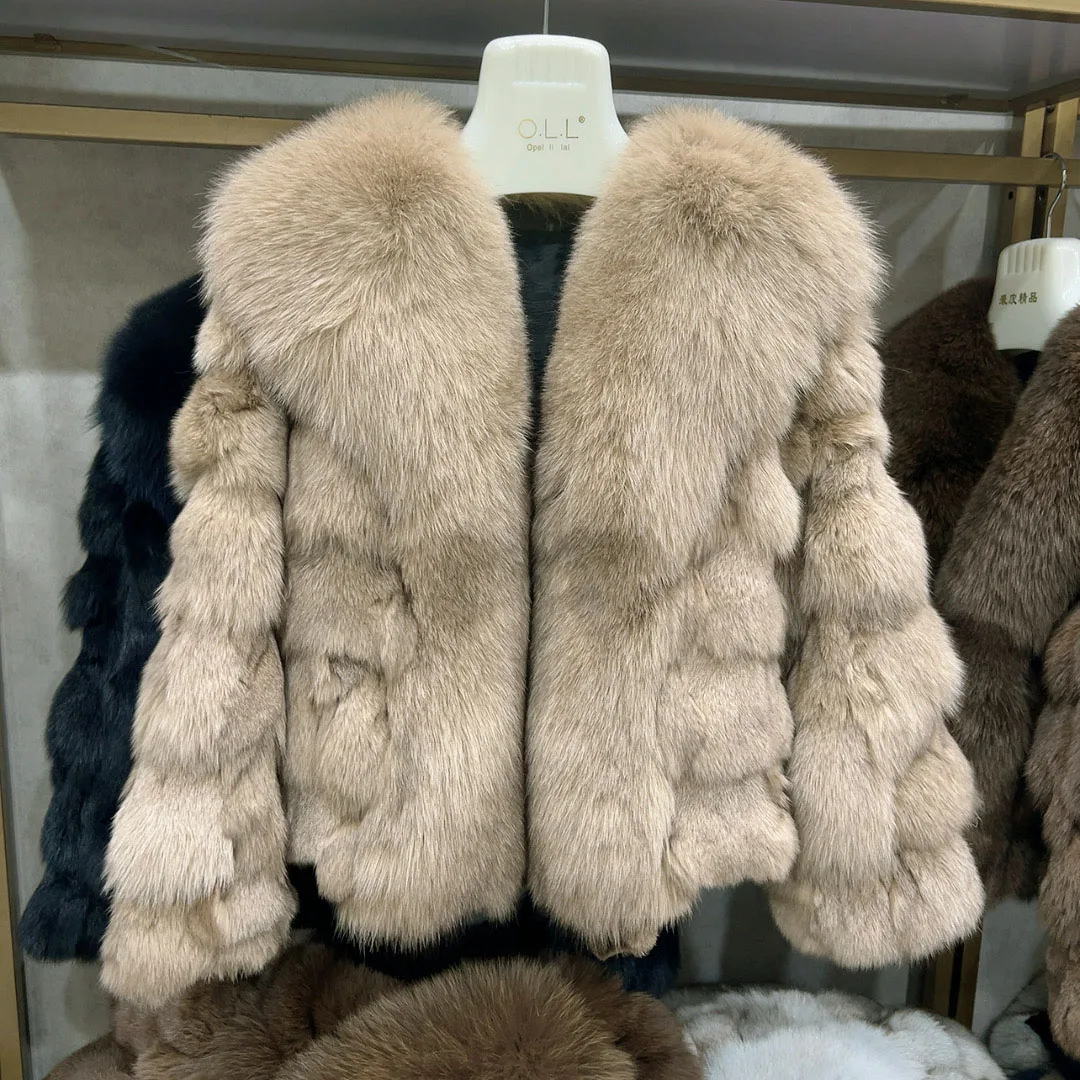 HUA QIU MEI SI Women's Natural Fox Fur Jacket with Fox Collar for Winter Warmth, Short Style Real Fox Fur Leather Jacket
