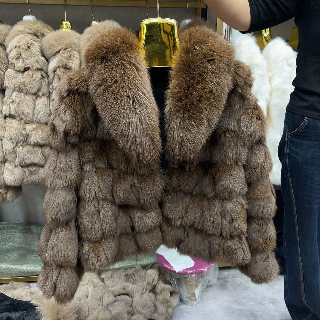 HUA QIU MEI SI Women's Natural Fox Fur Jacket with Fox Collar for Winter Warmth, Short Style Real Fox Fur Leather Jacket