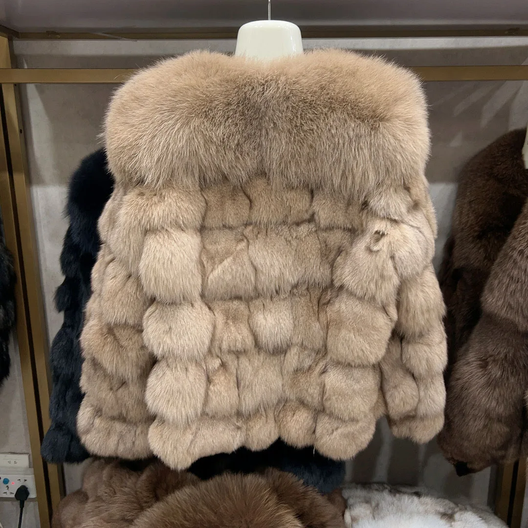 HUA QIU MEI SI Women's Natural Fox Fur Jacket with Fox Collar for Winter Warmth, Short Style Real Fox Fur Leather Jacket