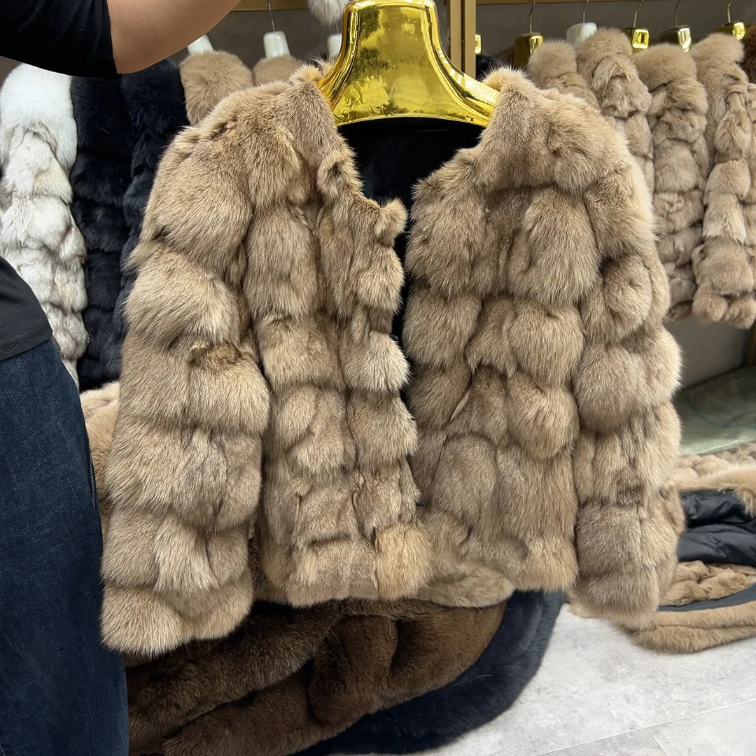 HUA QIU MEI SI Women's Natural Fox Fur Jacket with Fox Collar for Winter Warmth, Short Style Real Fox Fur Leather Jacket