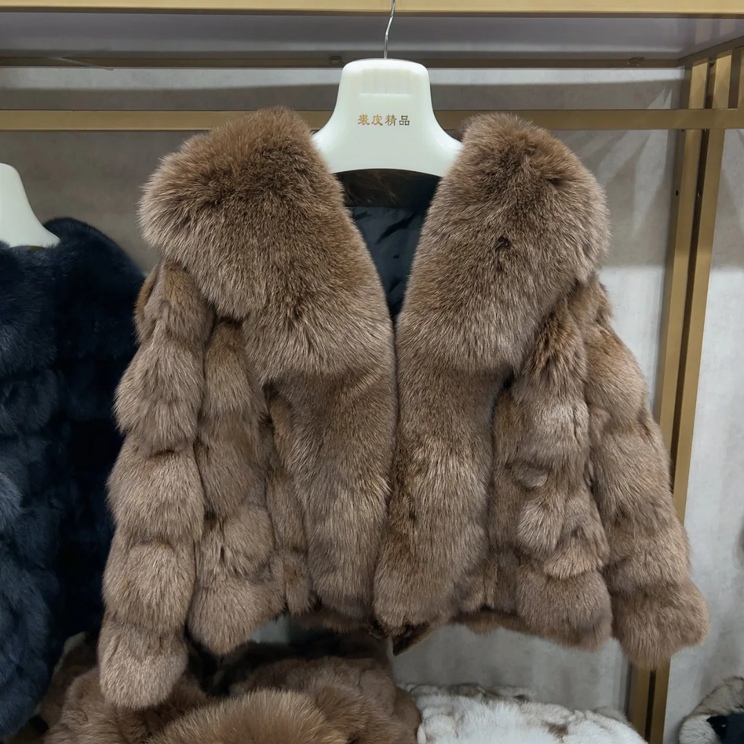 HUA QIU MEI SI Women's Natural Fox Fur Jacket with Fox Collar for Winter Warmth, Short Style Real Fox Fur Leather Jacket