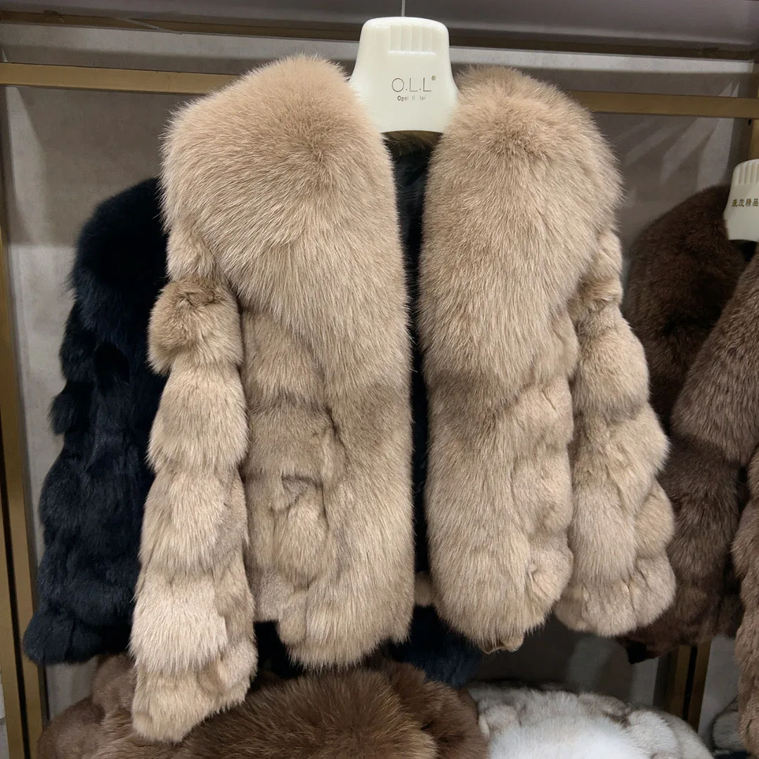 HUA QIU MEI SI Women's Natural Fox Fur Jacket with Fox Collar for Winter Warmth, Short Style Real Fox Fur Leather Jacket