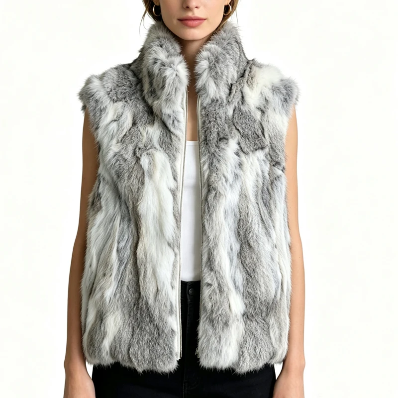 New Arrival Women's Real Rabbit Fur Vest Zipper Fur Vest Lady Female Winter Vest Vintage Dropshipping Top NZ400
