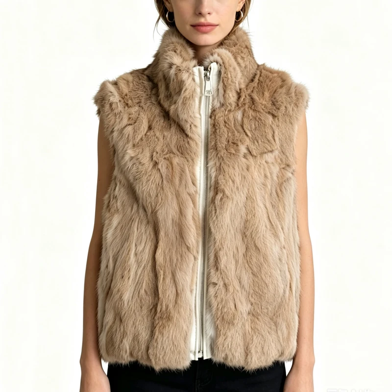 New Arrival Women's Real Rabbit Fur Vest Zipper Fur Vest Lady Female Winter Vest Vintage Dropshipping Top NZ400