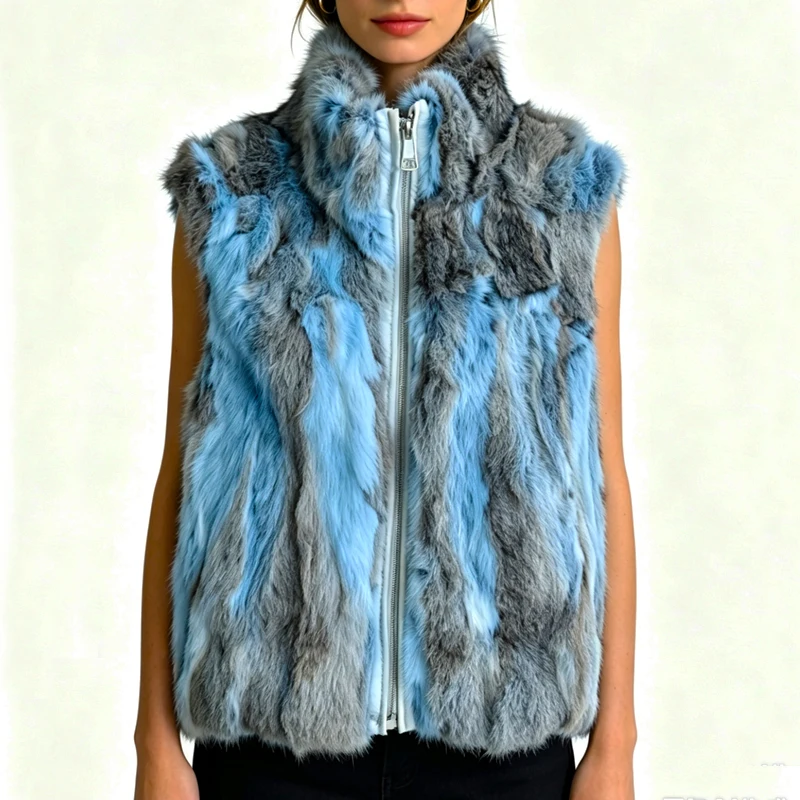 New Arrival Women's Real Rabbit Fur Vest Zipper Fur Vest Lady Female Winter Vest Vintage Dropshipping Top NZ400