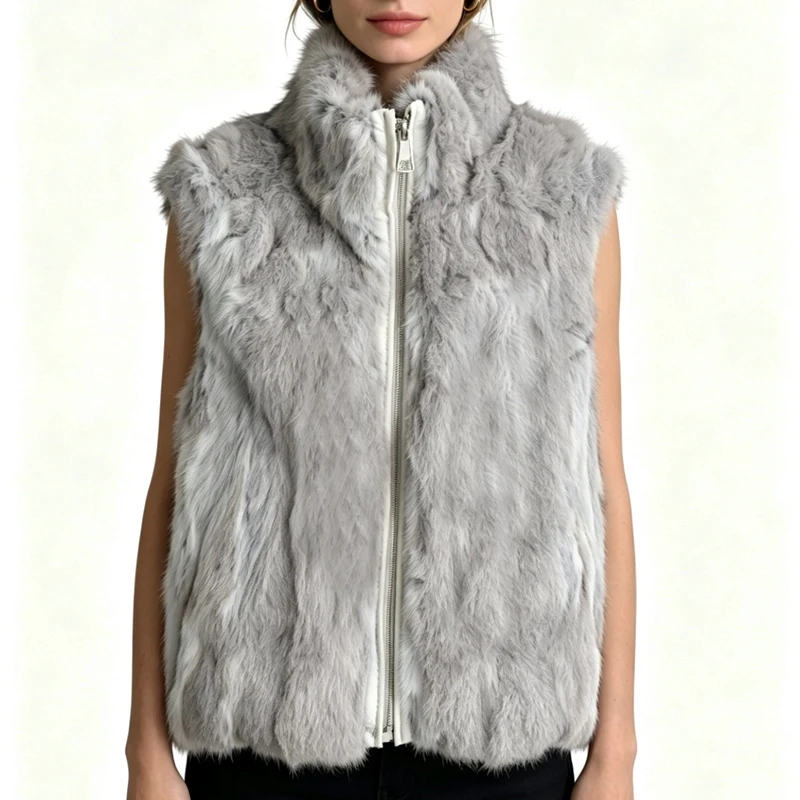 New Arrival Women's Real Rabbit Fur Vest Zipper Fur Vest Lady Female Winter Vest Vintage Dropshipping Top NZ400