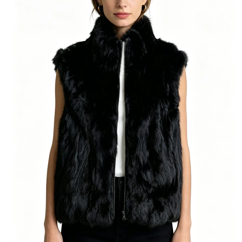 New Arrival Women's Real Rabbit Fur Vest Zipper Fur Vest Lady Female Winter Vest Vintage Dropshipping Top NZ400