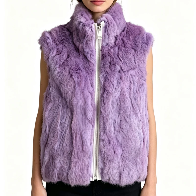 New Arrival Women's Real Rabbit Fur Vest Zipper Fur Vest Lady Female Winter Vest Vintage Dropshipping Top NZ400