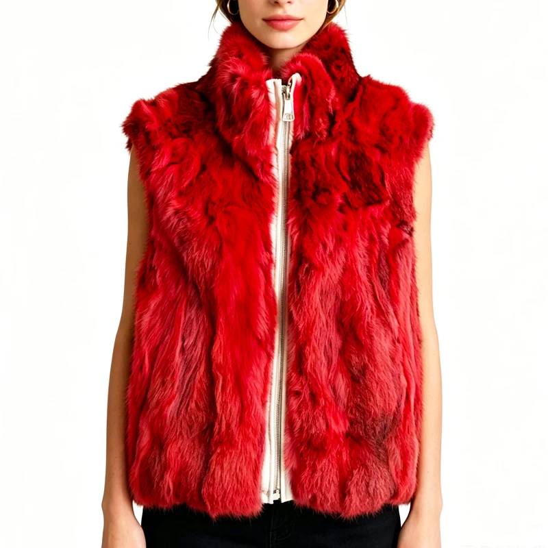 New Arrival Women's Real Rabbit Fur Vest Zipper Fur Vest Lady Female Winter Vest Vintage Dropshipping Top NZ400