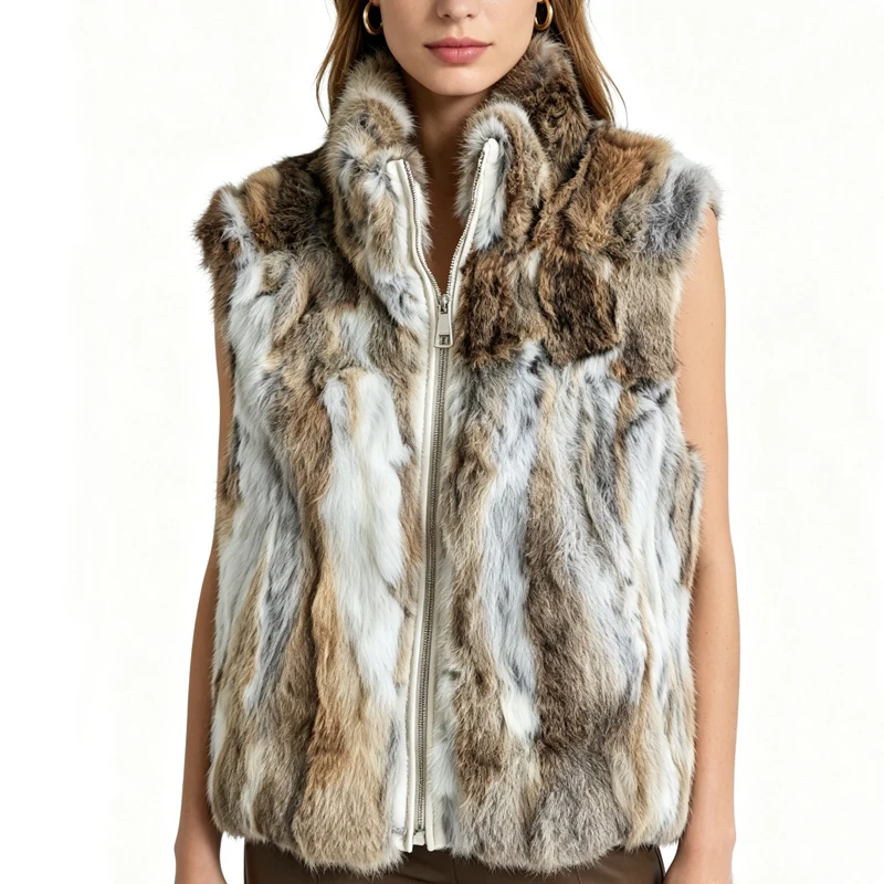 New Arrival Women's Real Rabbit Fur Vest Zipper Fur Vest Lady Female Winter Vest Vintage Dropshipping Top NZ400