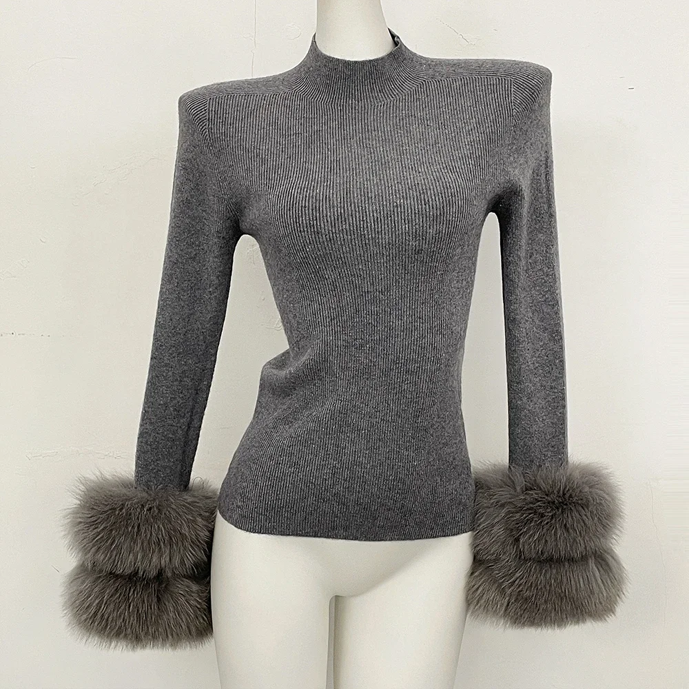 Slim Fit Half Turtleneck Top Clothes Female Women's Knit Sweater with Detachable Cuffs Fox Fur Warm Winter Layering Piece