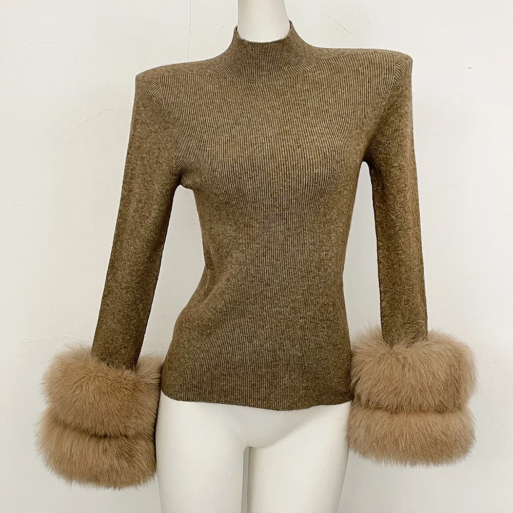 Slim Fit Half Turtleneck Top Clothes Female Women's Knit Sweater with Detachable Cuffs Fox Fur Warm Winter Layering Piece