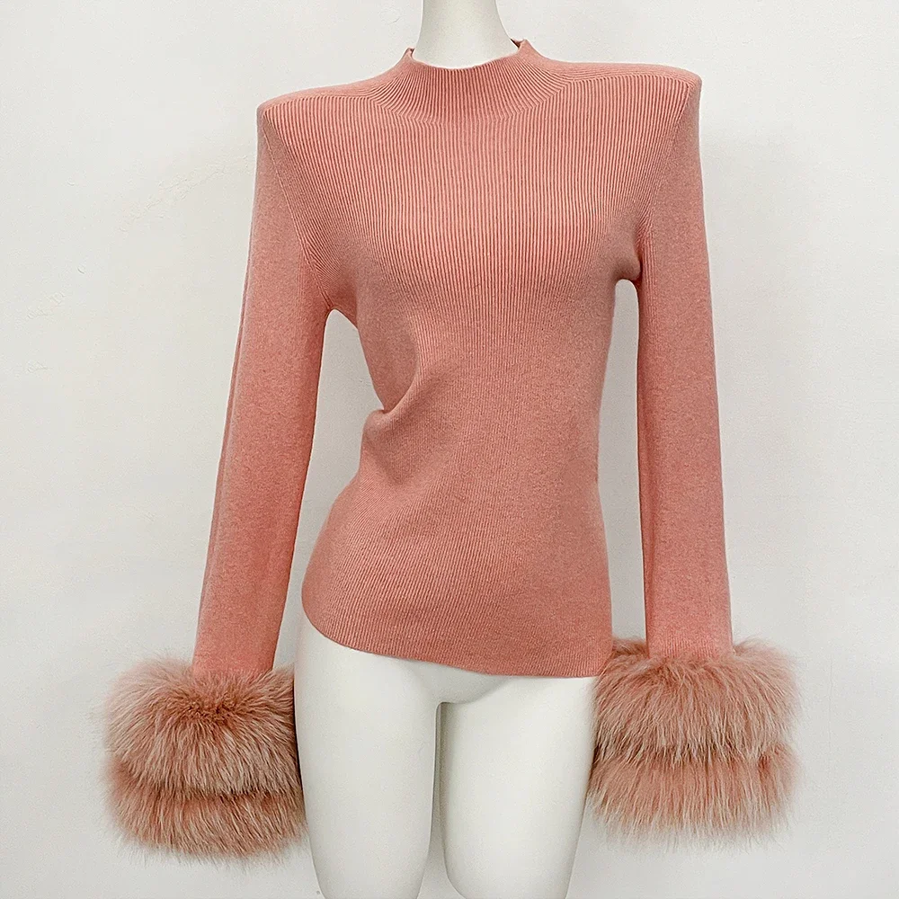 Slim Fit Half Turtleneck Top Clothes Female Women's Knit Sweater with Detachable Cuffs Fox Fur Warm Winter Layering Piece