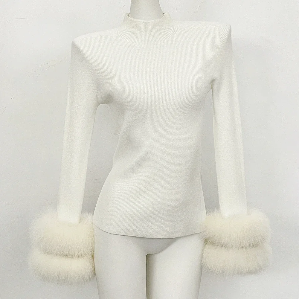 Slim Fit Half Turtleneck Top Clothes Female Women's Knit Sweater with Detachable Cuffs Fox Fur Warm Winter Layering Piece