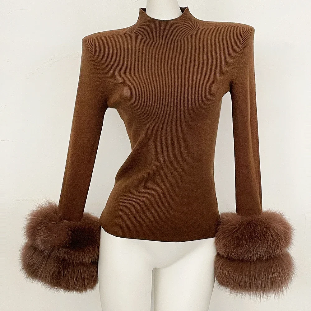 Slim Fit Half Turtleneck Top Clothes Female Women's Knit Sweater with Detachable Cuffs Fox Fur Warm Winter Layering Piece