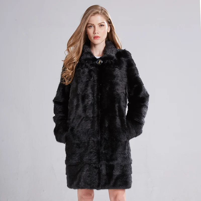 2021 Russian Woman 100% Real Mink Fur Coat Genuine Leather Coat Winter Warm Natural Fur Jacket Long Sleeve Stand-up Collar