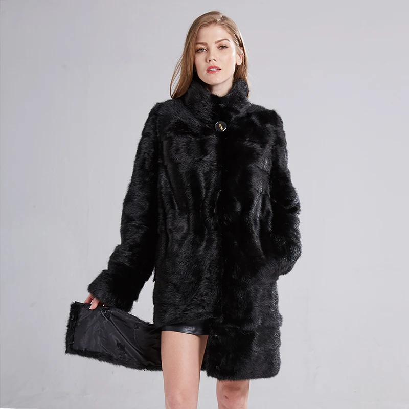 2021 Russian Woman 100% Real Mink Fur Coat Genuine Leather Coat Winter Warm Natural Fur Jacket Long Sleeve Stand-up Collar