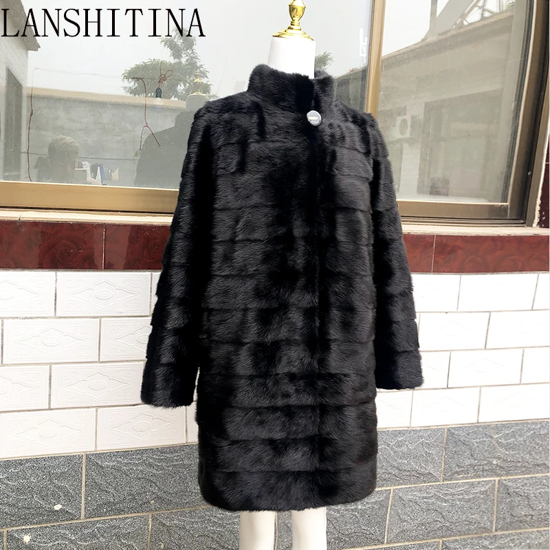 2021 Russian Woman 100% Real Mink Fur Coat Genuine Leather Coat Winter Warm Natural Fur Jacket Long Sleeve Stand-up Collar