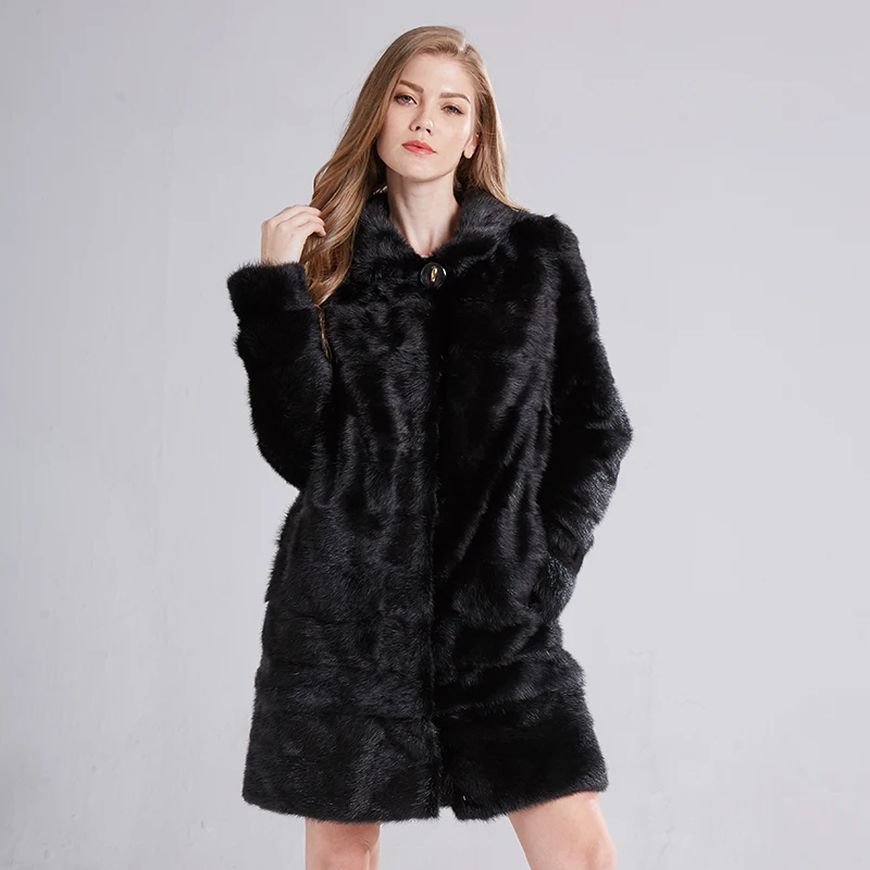 2021 Russian Woman 100% Real Mink Fur Coat Genuine Leather Coat Winter Warm Natural Fur Jacket Long Sleeve Stand-up Collar