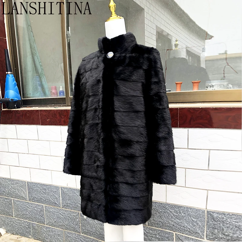 2021 Russian Woman 100% Real Mink Fur Coat Genuine Leather Coat Winter Warm Natural Fur Jacket Long Sleeve Stand-up Collar