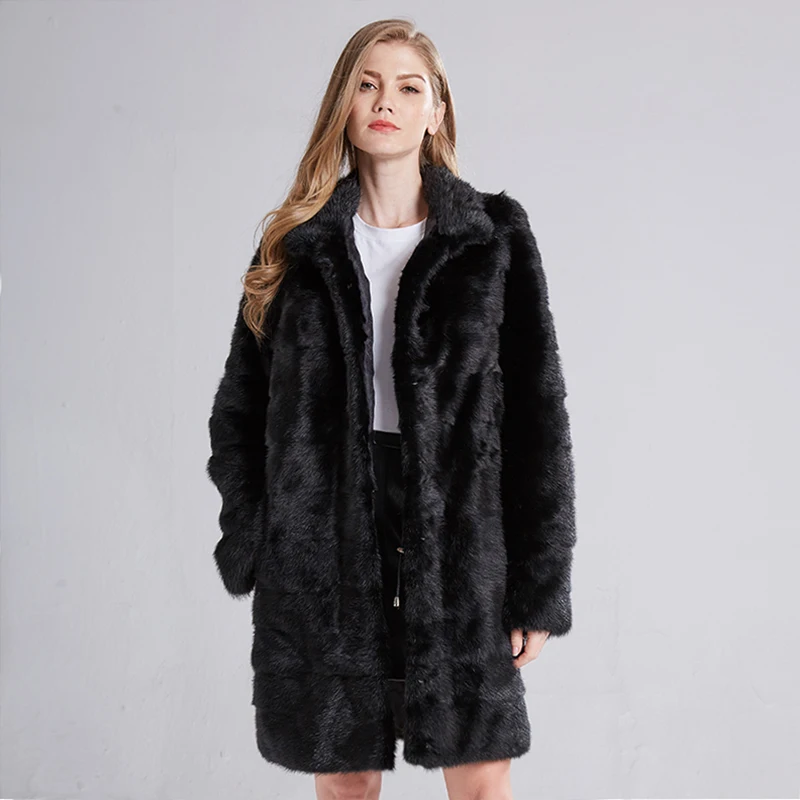 2021 Russian Woman 100% Real Mink Fur Coat Genuine Leather Coat Winter Warm Natural Fur Jacket Long Sleeve Stand-up Collar