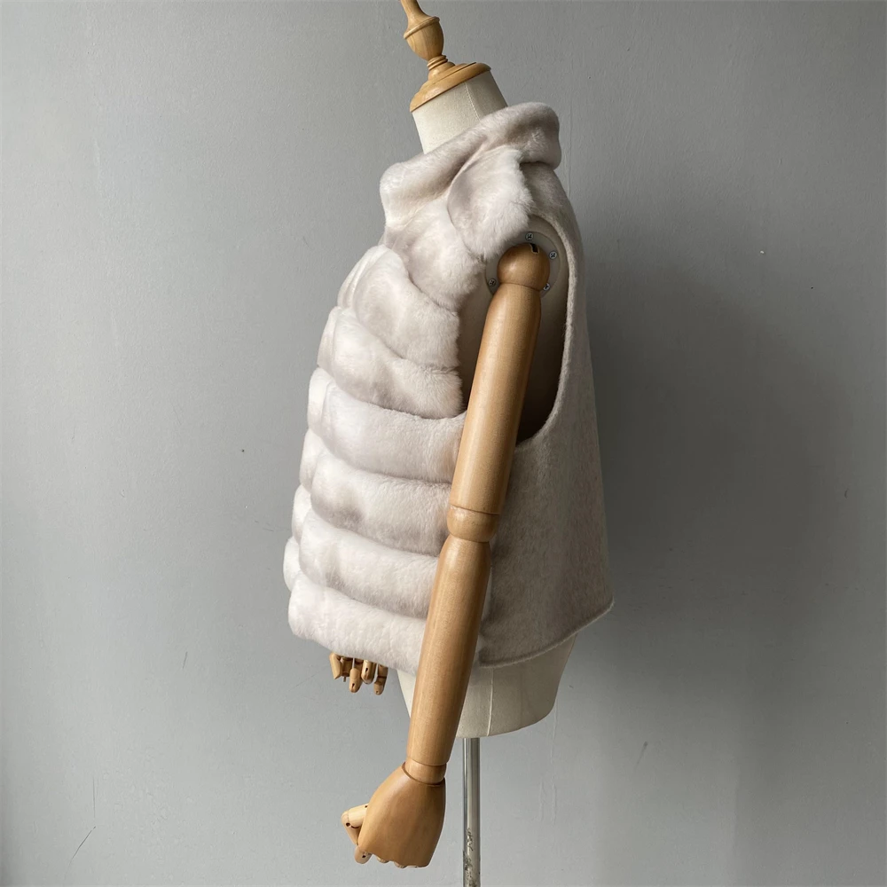 Jaxmonoy Natural Rabbit Fur Coat for Women Winter Real Rex Rabbit Fur Vest Ladies Fashion Patchwork Wool Blend Waistcoat Fall
