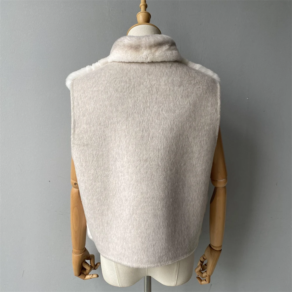 Jaxmonoy Natural Rabbit Fur Coat for Women Winter Real Rex Rabbit Fur Vest Ladies Fashion Patchwork Wool Blend Waistcoat Fall