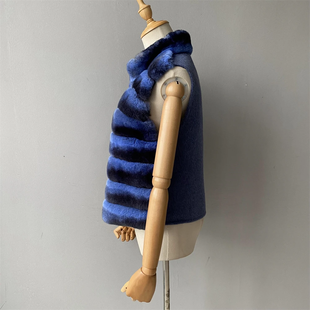 Jaxmonoy Natural Rabbit Fur Coat for Women Winter Real Rex Rabbit Fur Vest Ladies Fashion Patchwork Wool Blend Waistcoat Fall