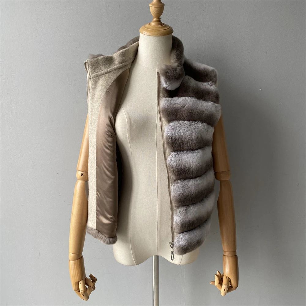 Jaxmonoy Natural Rabbit Fur Coat for Women Winter Real Rex Rabbit Fur Vest Ladies Fashion Patchwork Wool Blend Waistcoat Fall